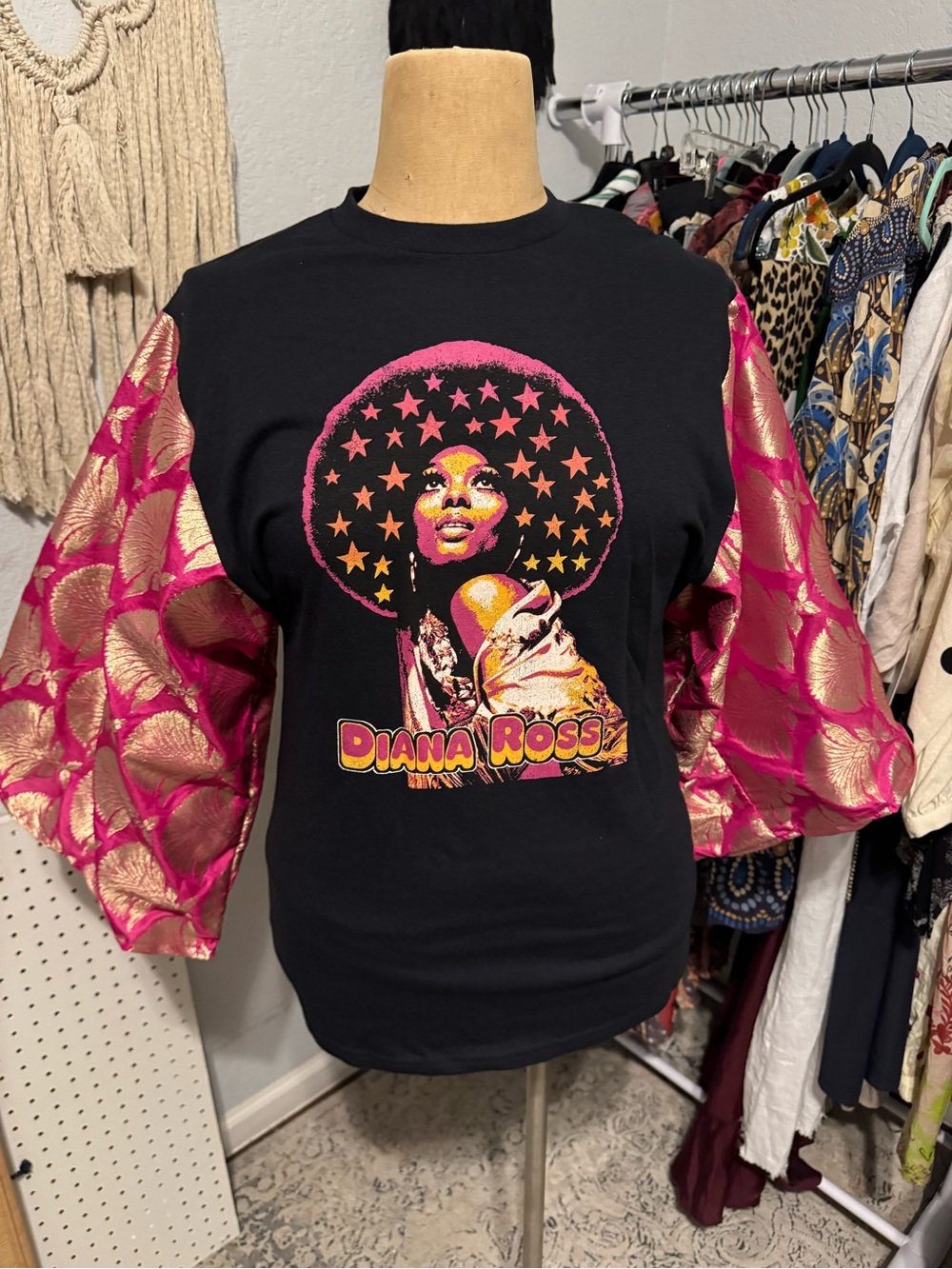 Upcycled Diana Ross Graphic Tee with Pink Metallic Puff Sleeves size medium